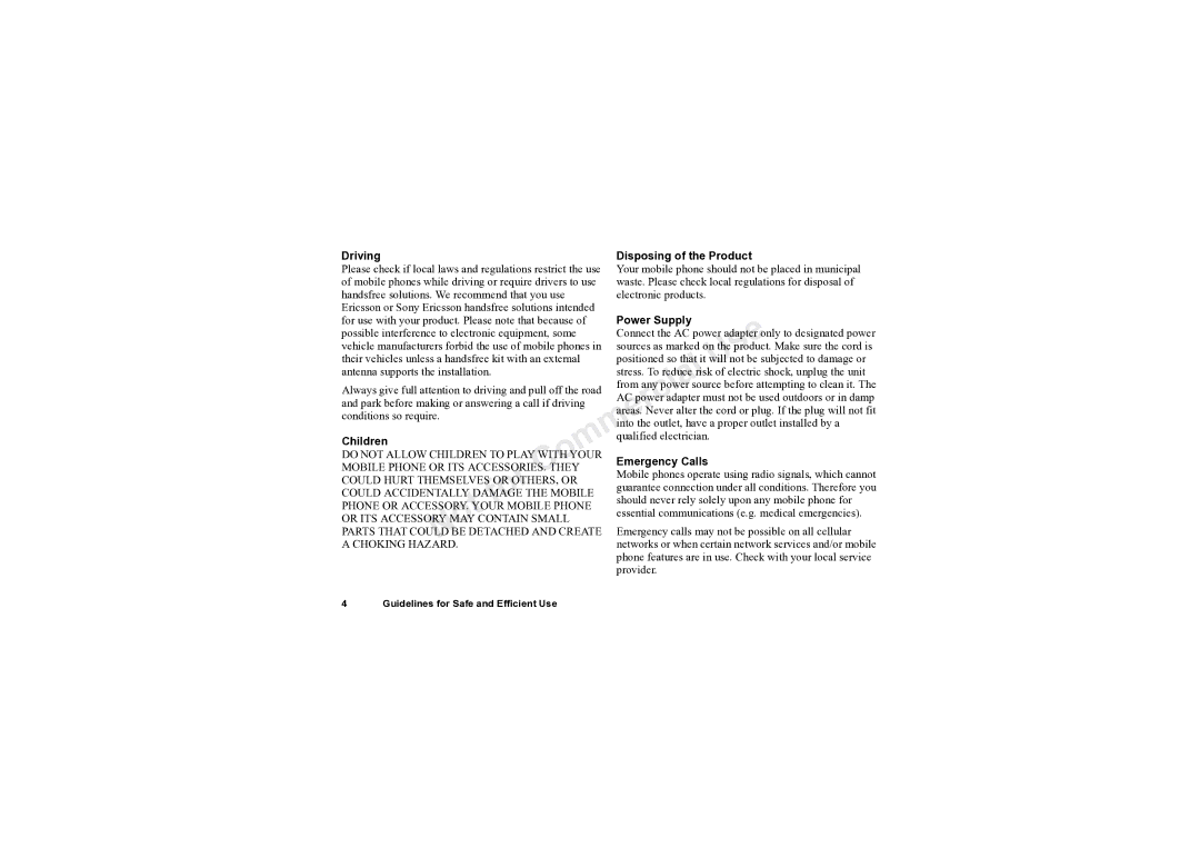 Sony Ericsson T61LX manual Driving Disposing of the Product, Power Supply, Children, Emergency Calls 