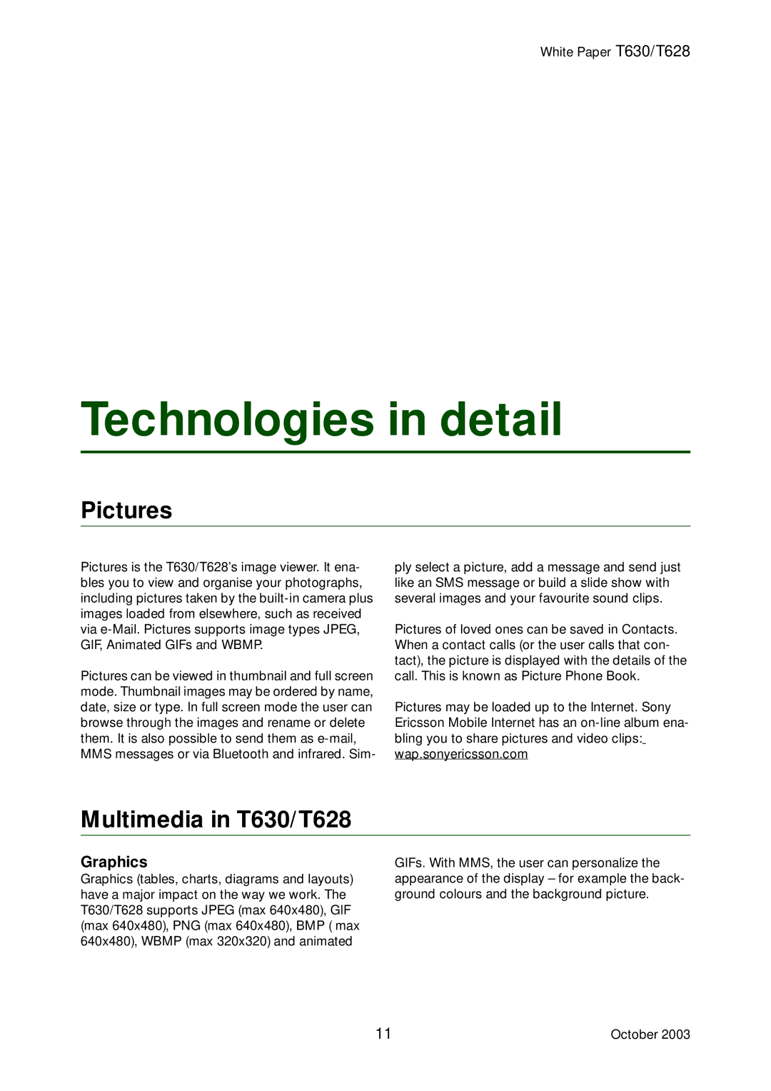 Sony Ericsson manual Pictures, Multimedia in T630/T628, Graphics 