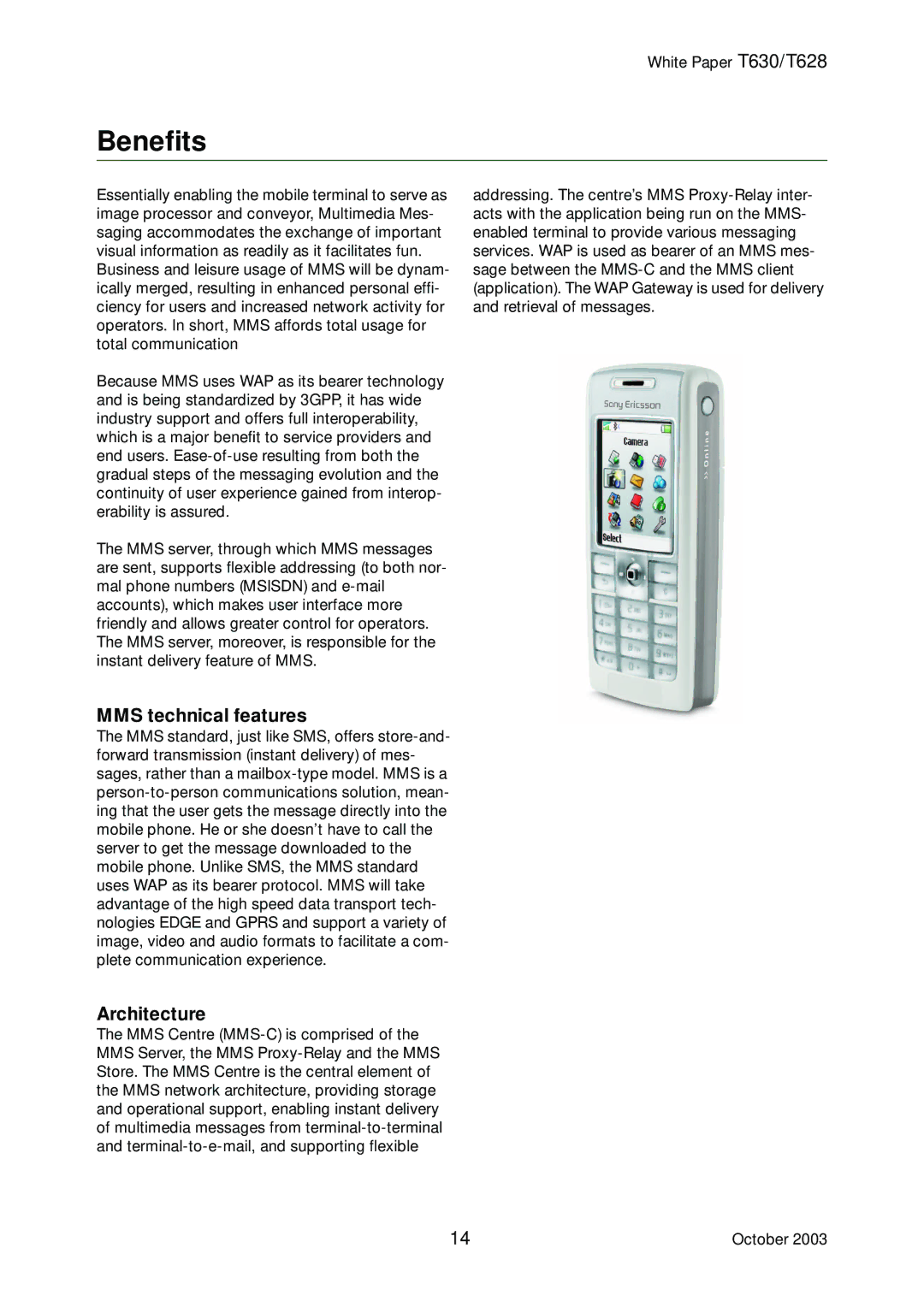 Sony Ericsson T630, T628 manual Benefits, MMS technical features, Architecture 