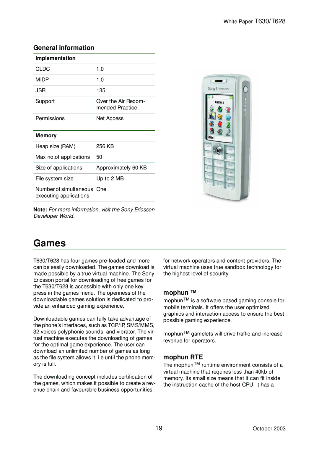 Sony Ericsson T628, T630 manual Games, General information, Mophun RTE 