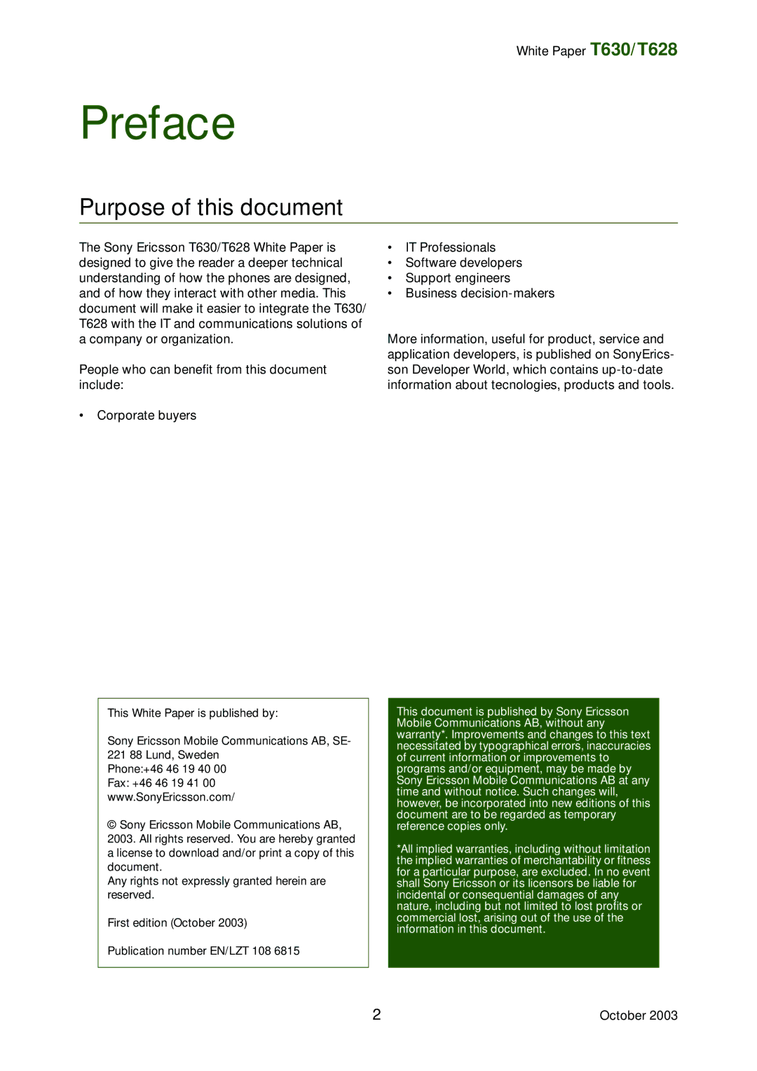 Sony Ericsson T630, T628 manual Preface 