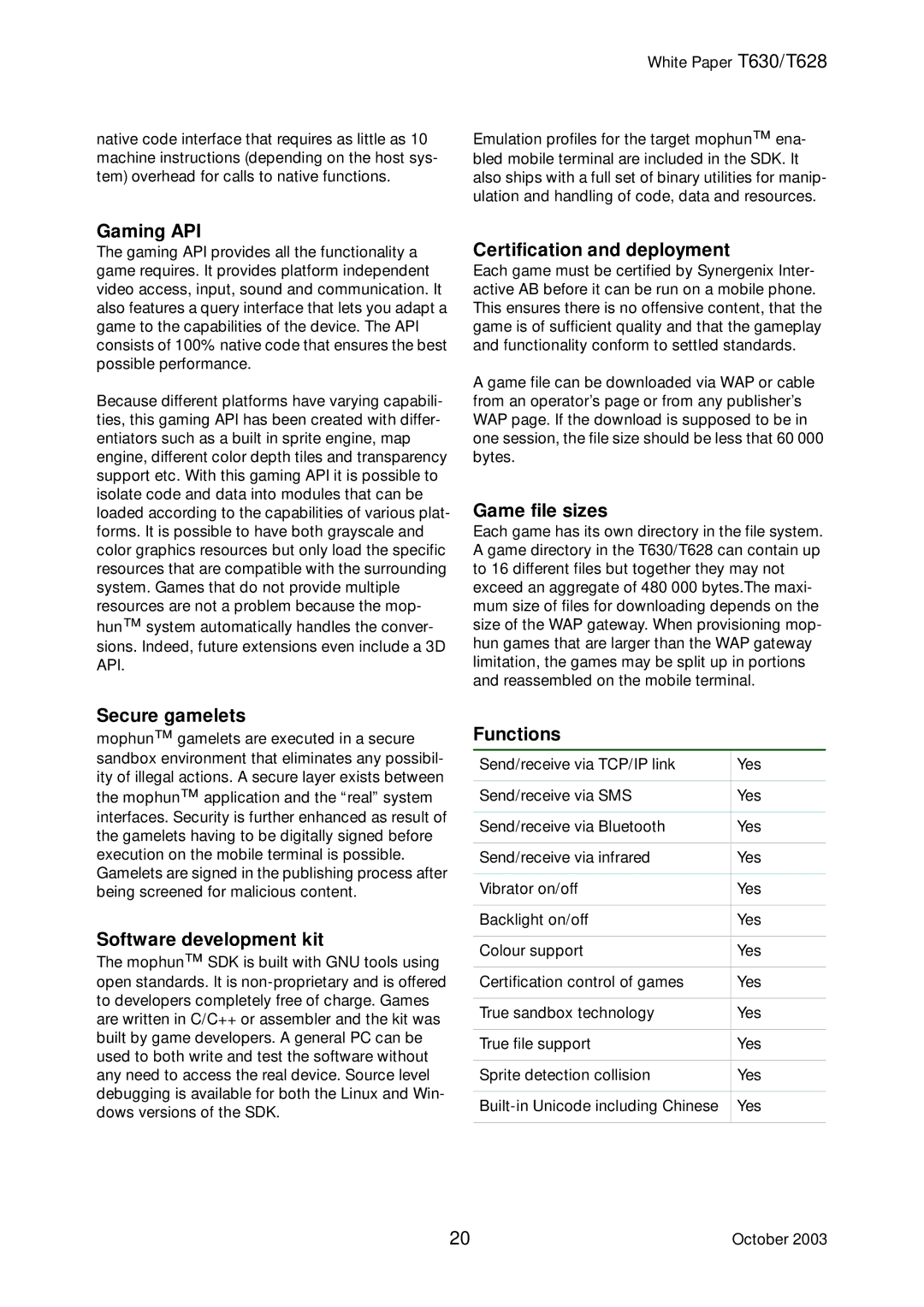 Sony Ericsson T630 Gaming API, Certification and deployment, Game file sizes, Secure gamelets, Software development kit 