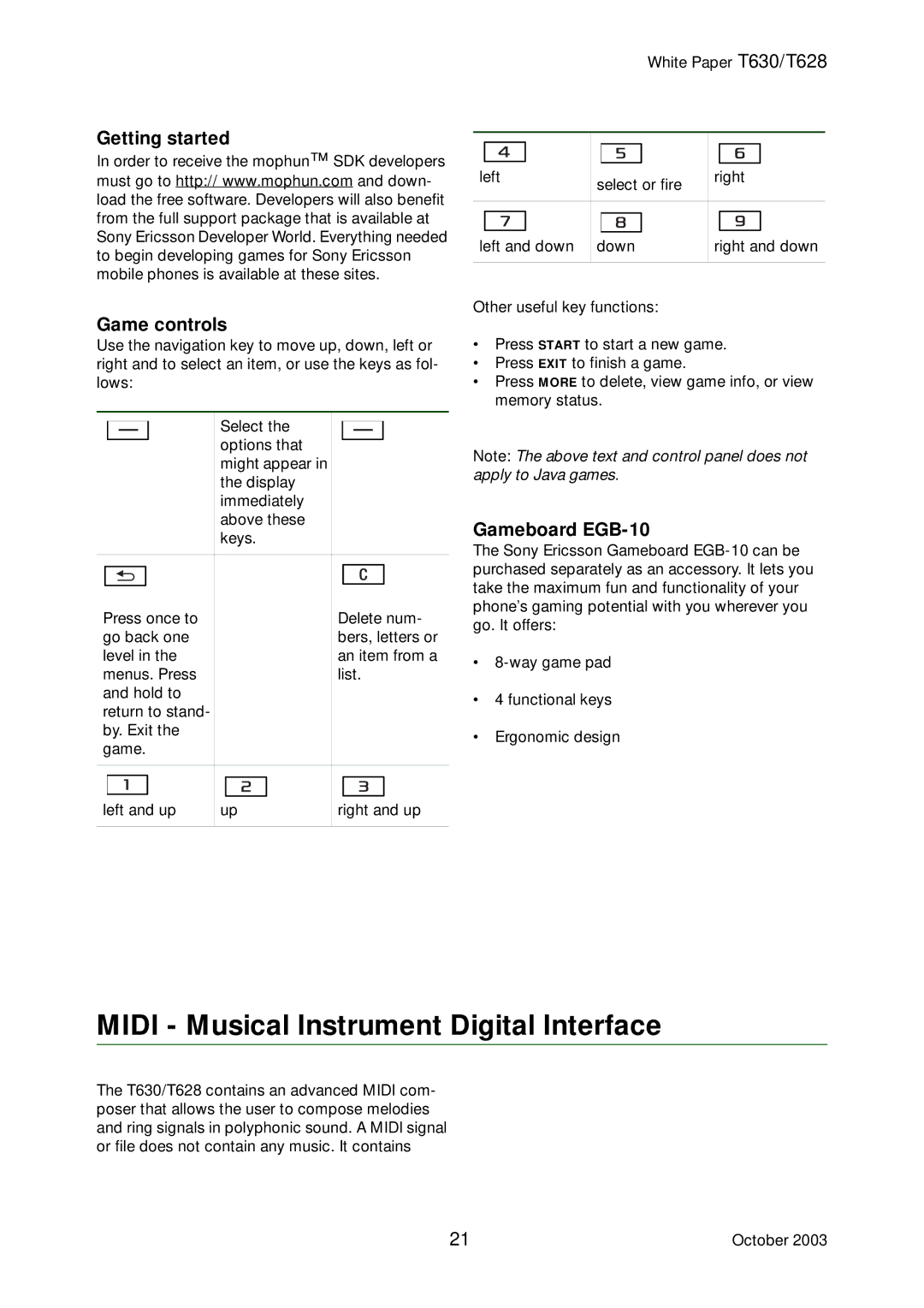 Sony Ericsson T628, T630 manual Midi Musical Instrument Digital Interface, Getting started Game controls, Gameboard EGB-10 