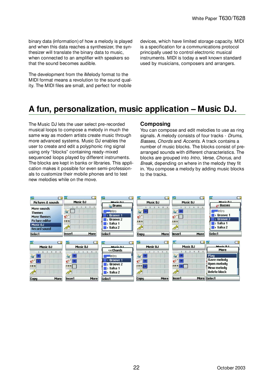 Sony Ericsson T630, T628 manual Fun, personalization, music application Music DJ, Composing 