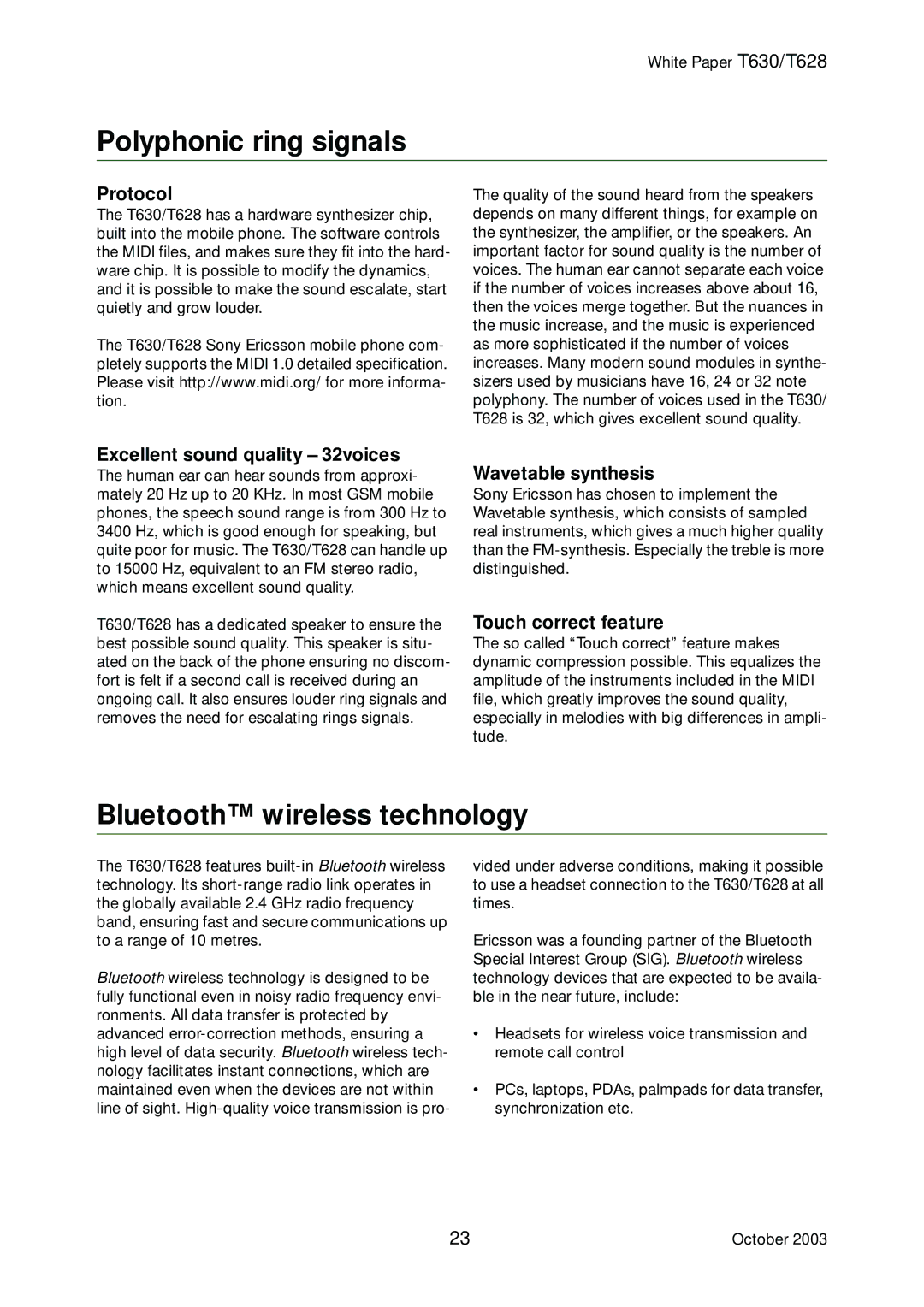 Sony Ericsson T628, T630 manual Polyphonic ring signals, Bluetooth wireless technology 