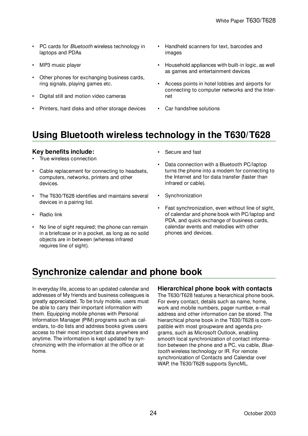 Sony Ericsson manual Using Bluetooth wireless technology in the T630/T628, Synchronize calendar and phone book 