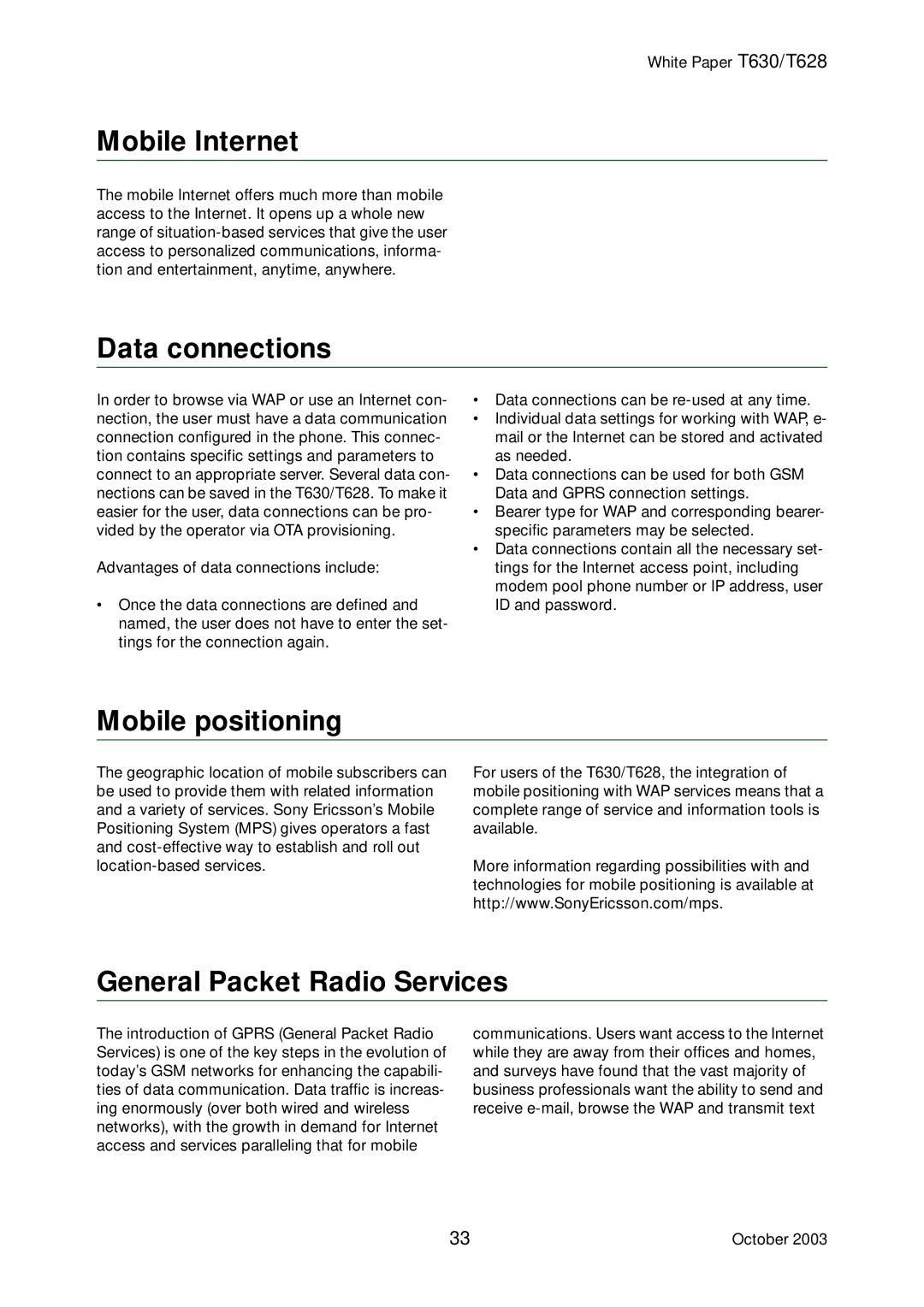 Sony Ericsson T628, T630 manual Mobile Internet, Data connections, Mobile positioning, General Packet Radio Services 
