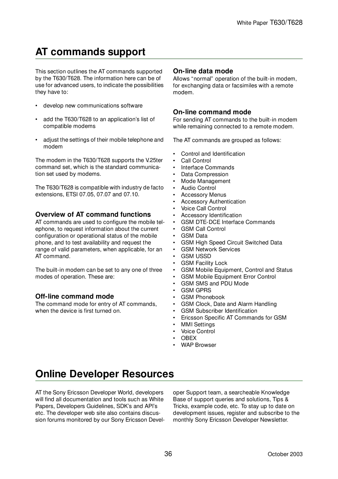 Sony Ericsson T630, T628 manual AT commands support, Online Developer Resources 