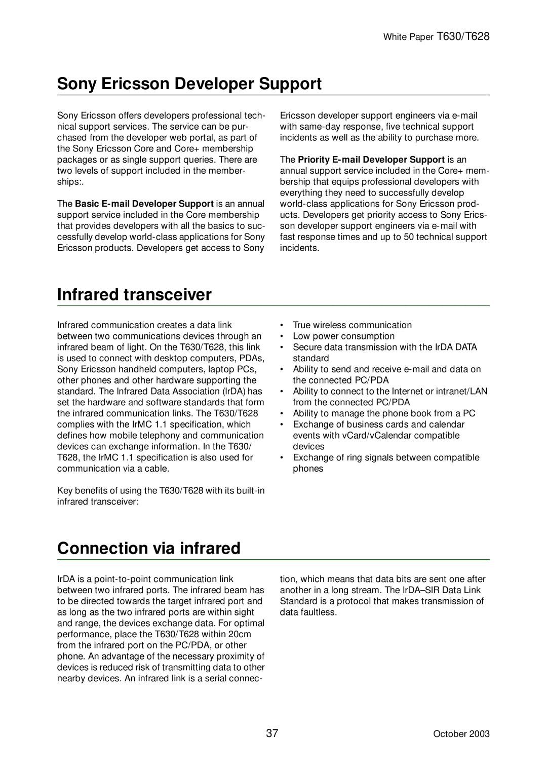 Sony Ericsson T628, T630 manual Sony Ericsson Developer Support, Infrared transceiver, Connection via infrared 