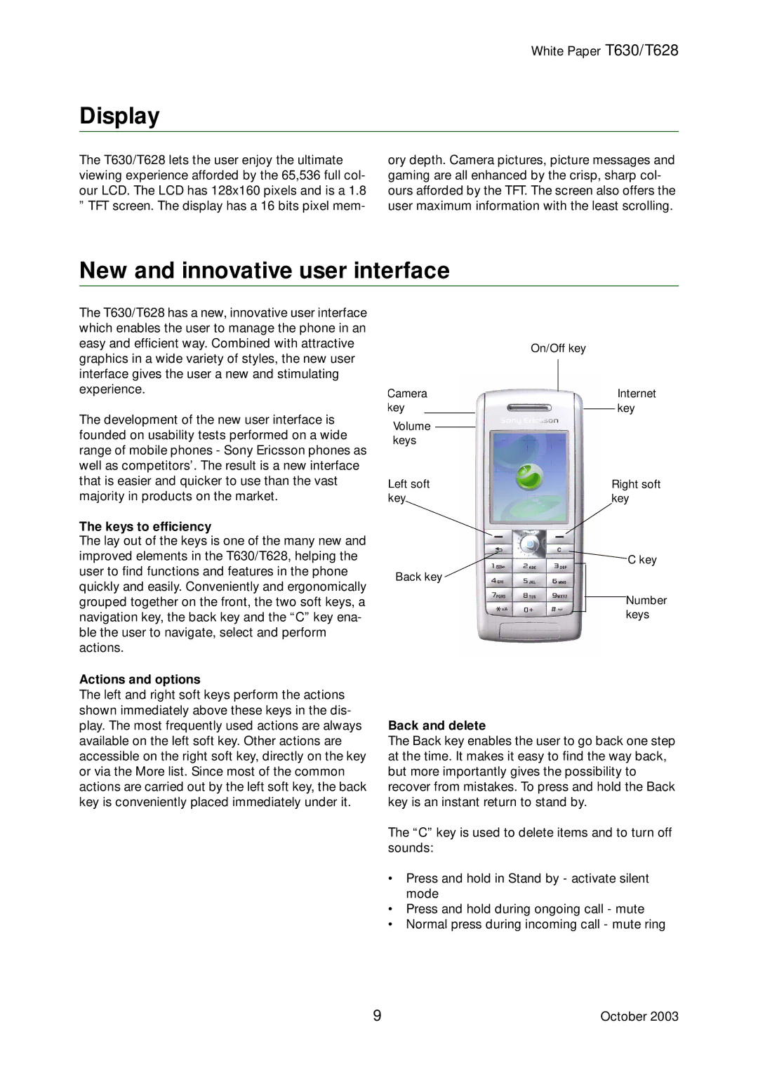 Sony Ericsson T628 Display, New and innovative user interface, Keys to efficiency, Actions and options, Back and delete 