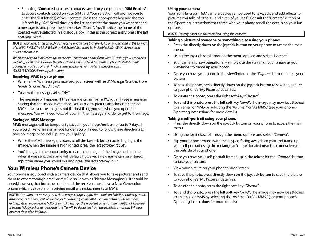 Sony Ericsson T637 manual Your Wireless Phone’s Camera Device, Receiving MMS to your phone, Saving an MMS Message 