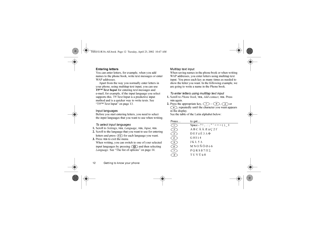 Sony Ericsson T68i warranty Input languages, Press YES to exit the menu, Multitap text input 