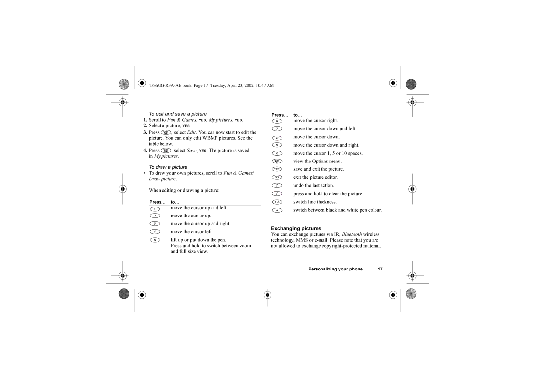 Sony Ericsson T68i warranty To edit and save a picture, When editing or drawing a picture 