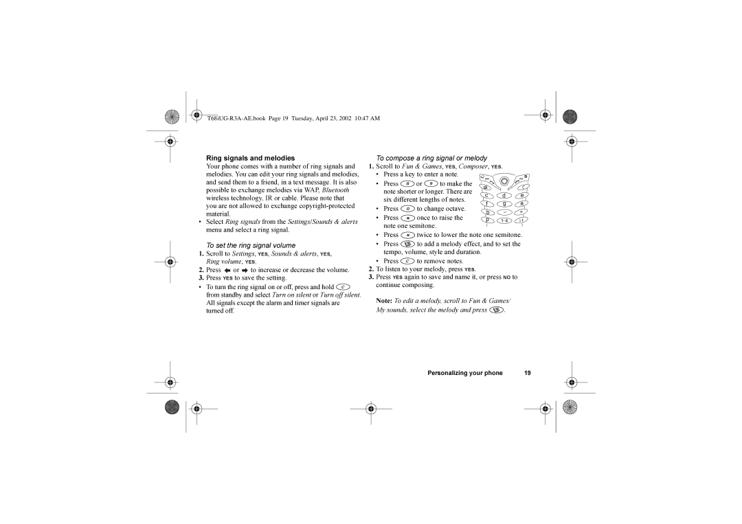 Sony Ericsson T68i warranty Ring signals and melodies, To set the ring signal volume, Press a key to enter a note 