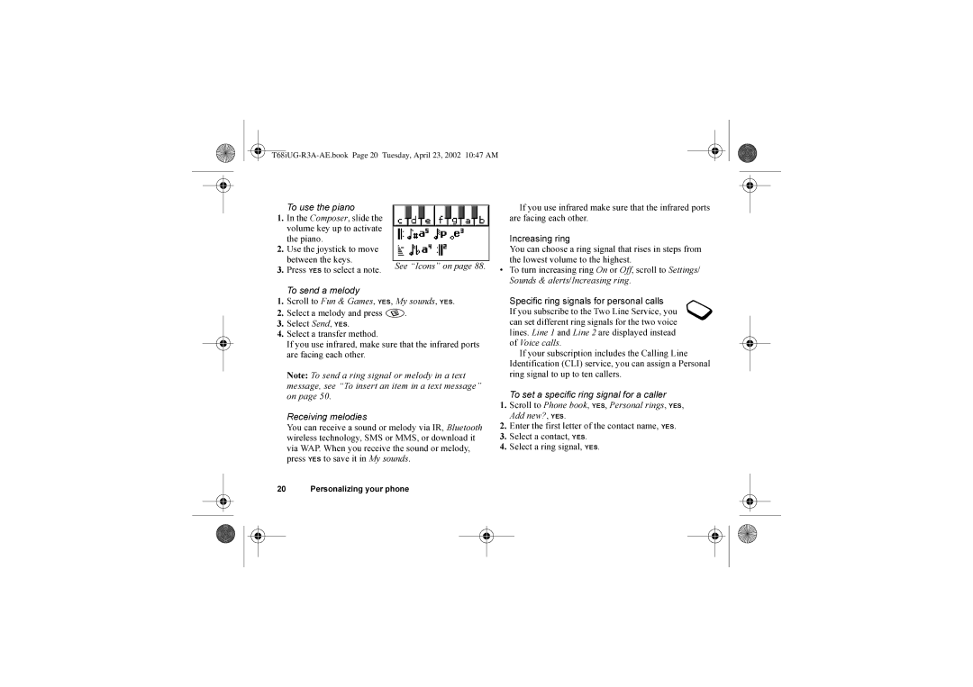 Sony Ericsson T68i warranty To send a melody, Specific ring signals for personal calls 