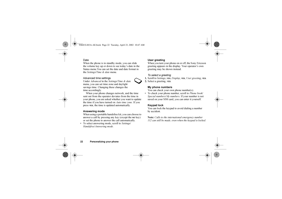 Sony Ericsson T68i warranty Date, Advanced time settings, Answering mode, To select answering mode, scroll to Settings 