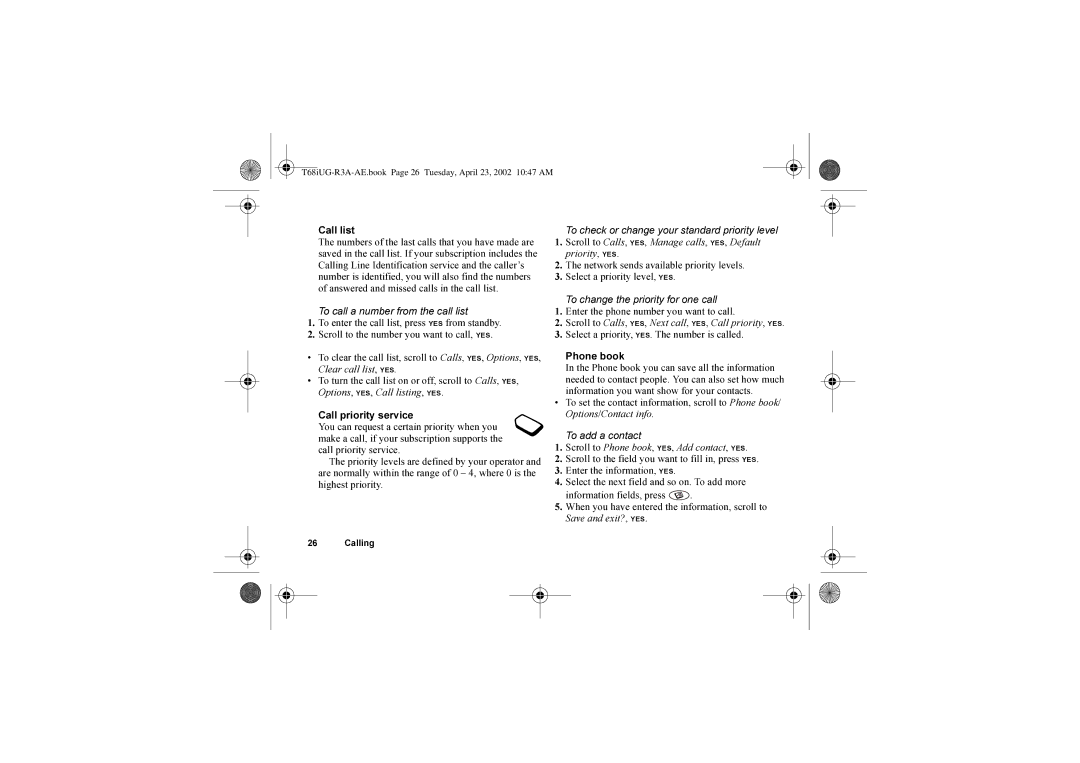 Sony Ericsson T68i warranty Call list, To turn the call list on or off, scroll to Calls, YES, To add a contact 