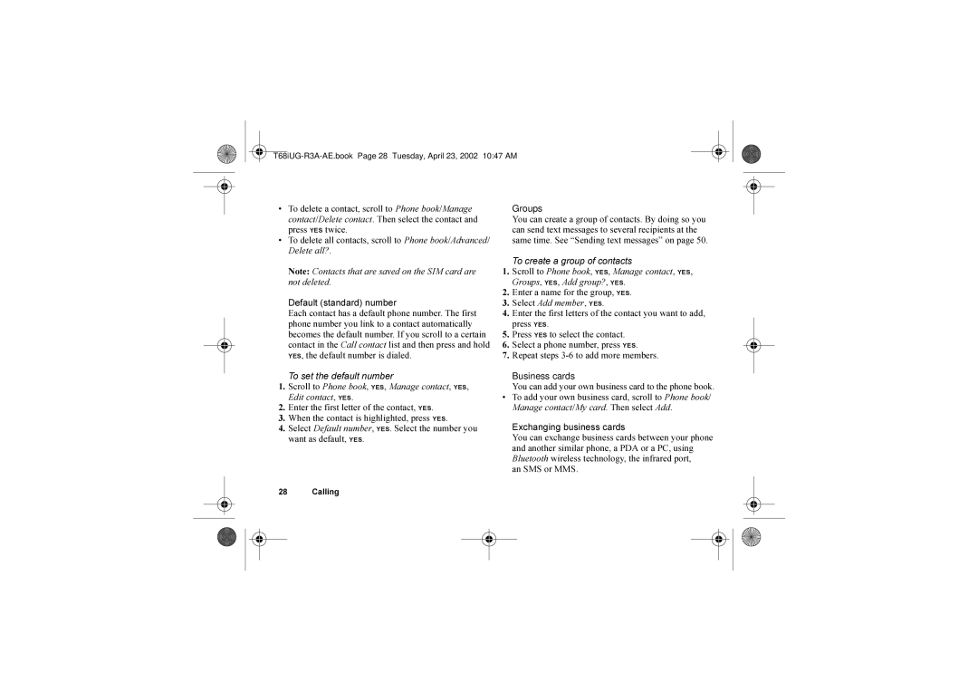 Sony Ericsson T68i warranty Default standard number, To set the default number, Groups, To create a group of contacts 