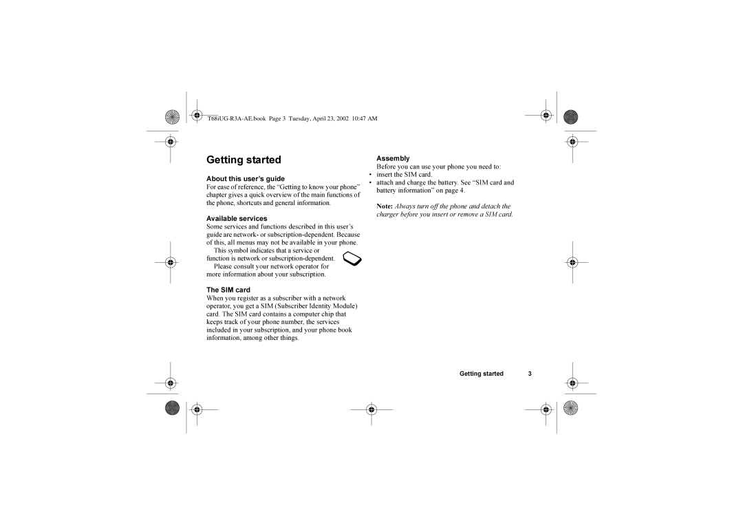 Sony Ericsson T68i warranty Getting started, About this user’s guide, Available services, SIM card 