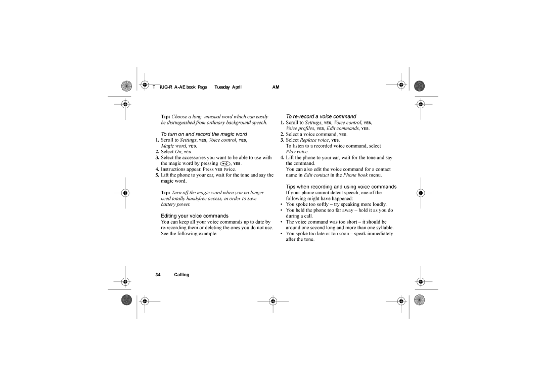 Sony Ericsson T68i warranty To turn on and record the magic word, Select On, YES, Select a voice command, YES 