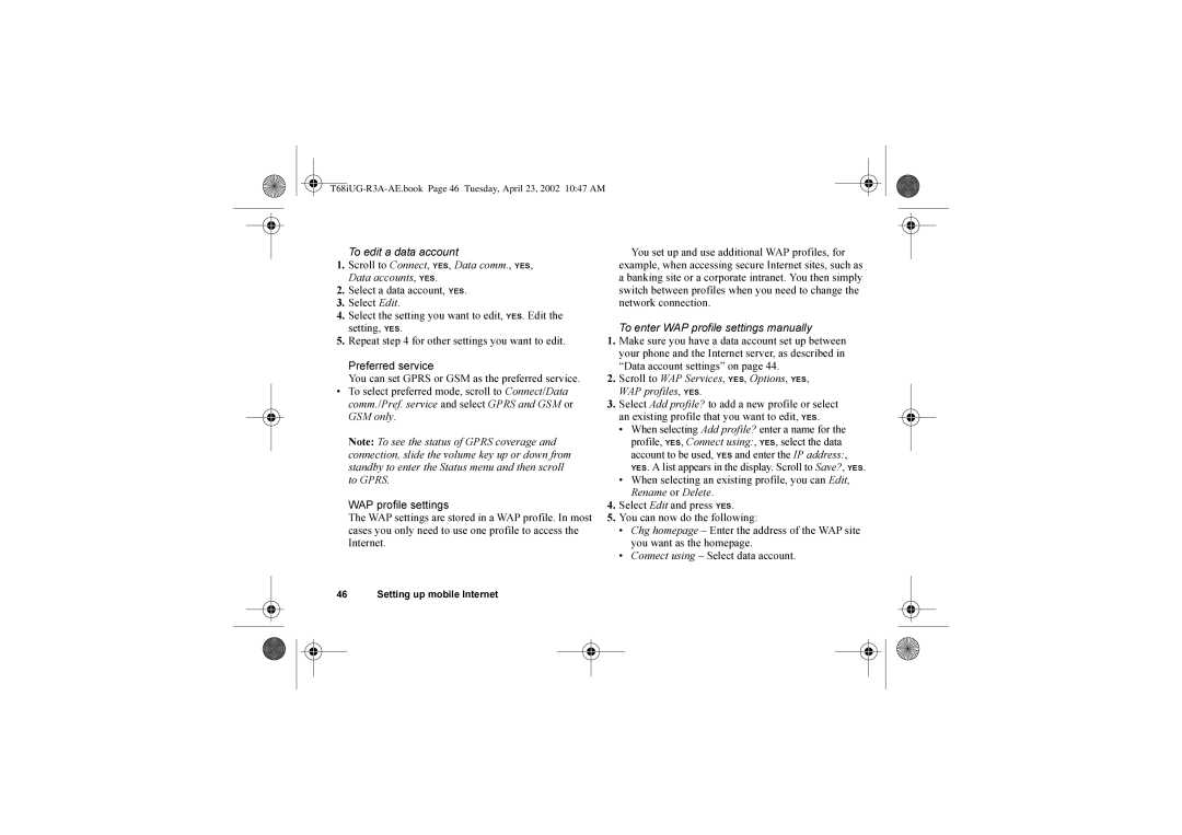 Sony Ericsson T68i warranty To edit a data account, To enter WAP profile settings manually 