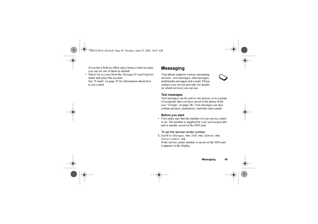 Sony Ericsson T68i warranty Messaging, Text messages, Before you start 