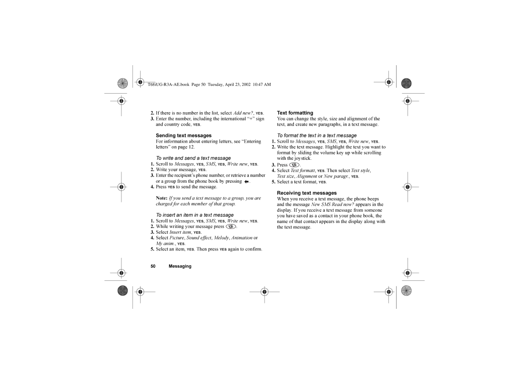 Sony Ericsson T68i warranty Text formatting, Select a text format, YES Receiving text messages 