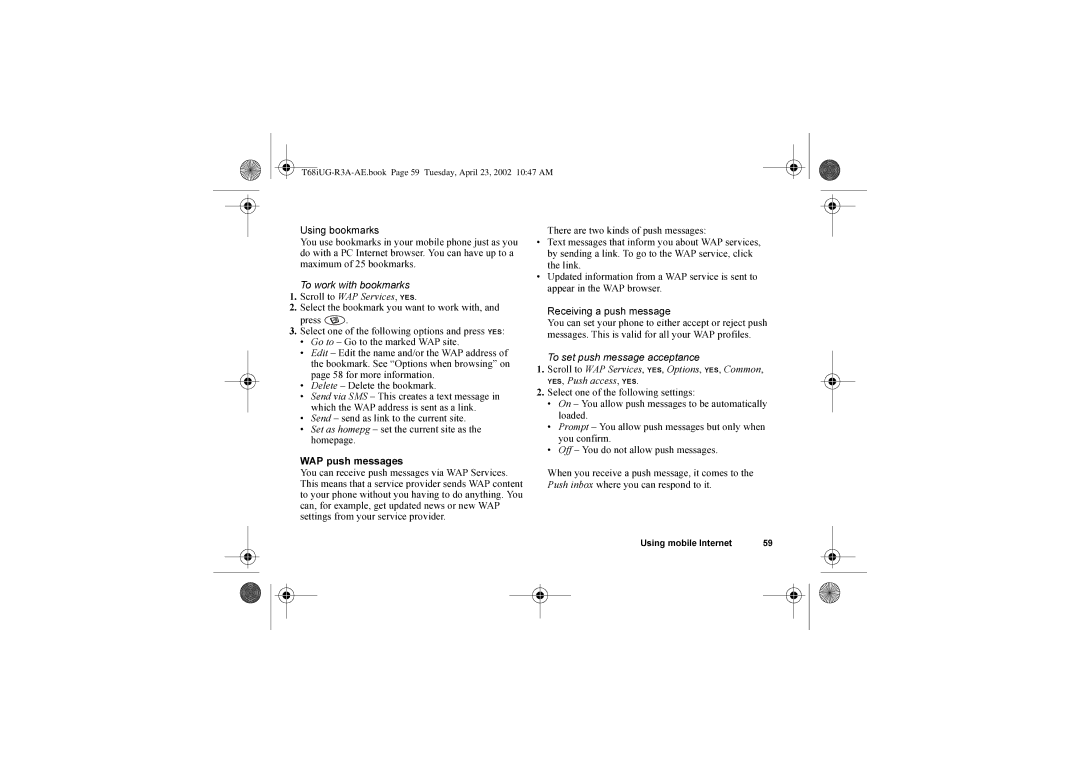 Sony Ericsson T68i warranty Delete Delete the bookmark, To set push message acceptance 