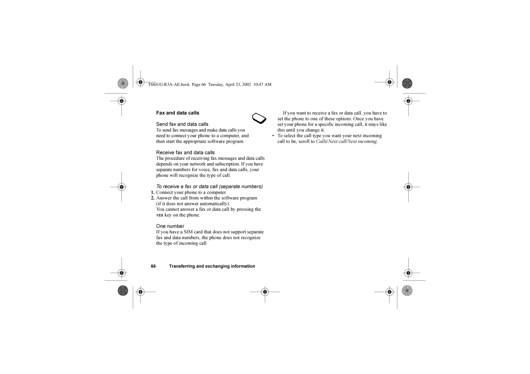 Sony Ericsson T68i warranty Fax and data calls Send fax and data calls, Receive fax and data calls 