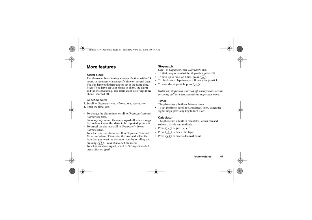 Sony Ericsson T68i warranty More features, Alarm clock, To cancel the alarm, scroll to Organizer/Alarms 