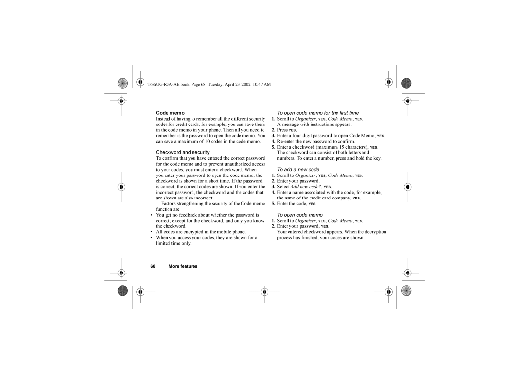 Sony Ericsson T68i Checkword and security, To add a new code, Enter your password, Enter the code, YES To open code memo 