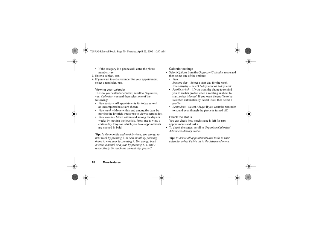 Sony Ericsson T68i warranty Calendar settings, Starting day Select a start day for the week 