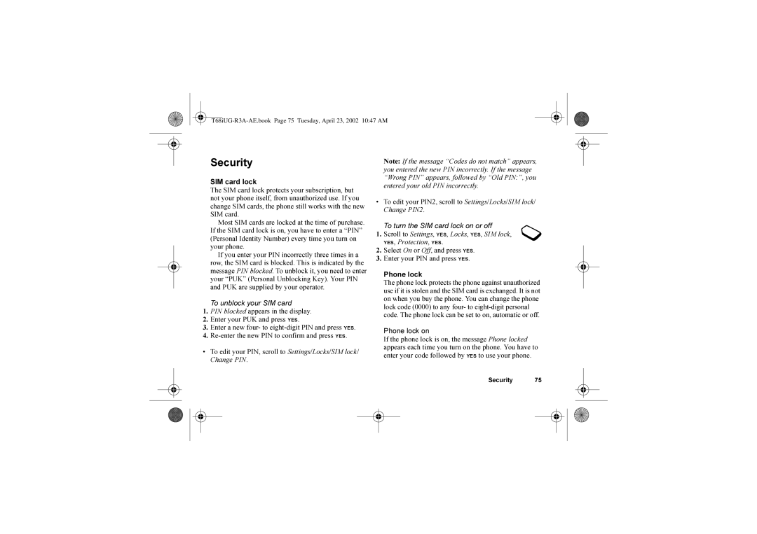 Sony Ericsson T68i warranty Security, To edit your PIN2, scroll to Settings/Locks/SIM lock, Phone lock on 