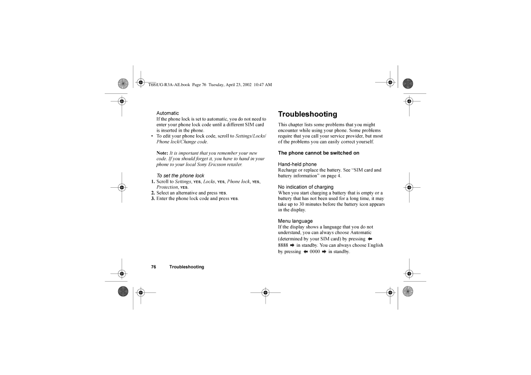 Sony Ericsson T68i warranty Troubleshooting, To set the phone lock 