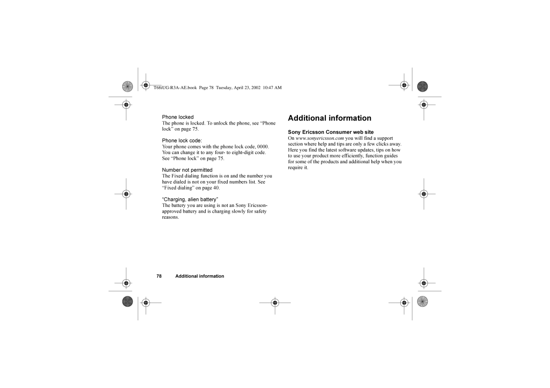 Sony Ericsson T68i warranty Additional information, Sony Ericsson Consumer web site 