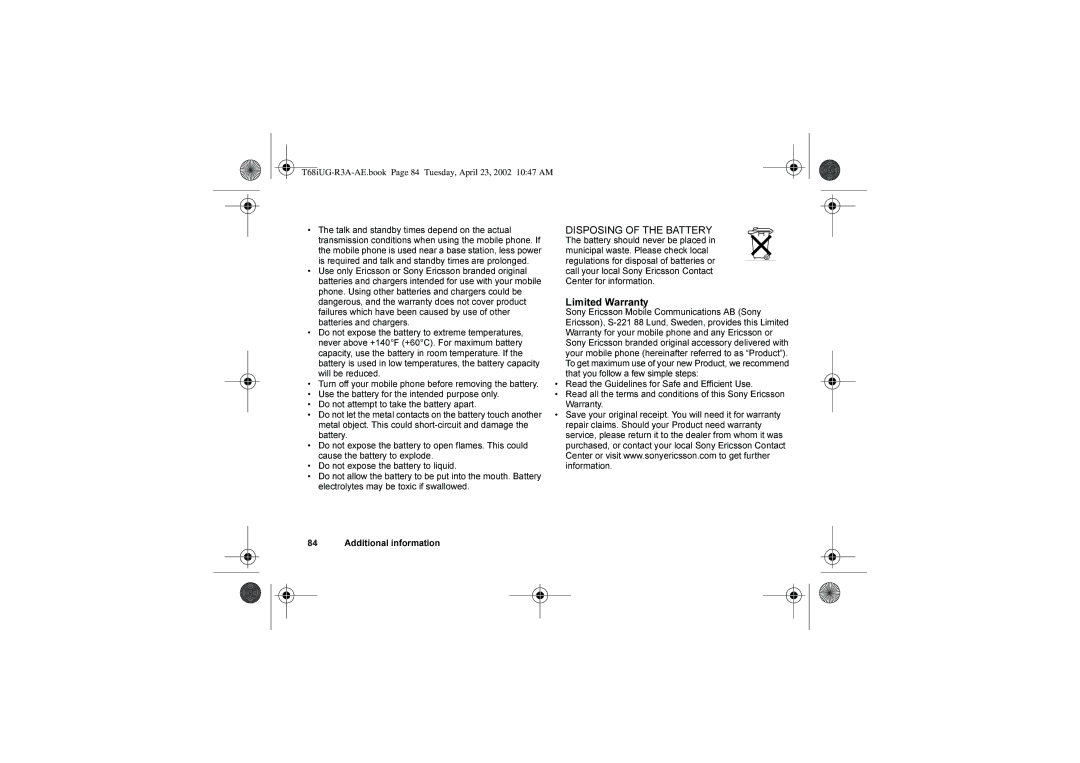 Sony Ericsson T68i warranty Disposing of the Battery, Limited Warranty 