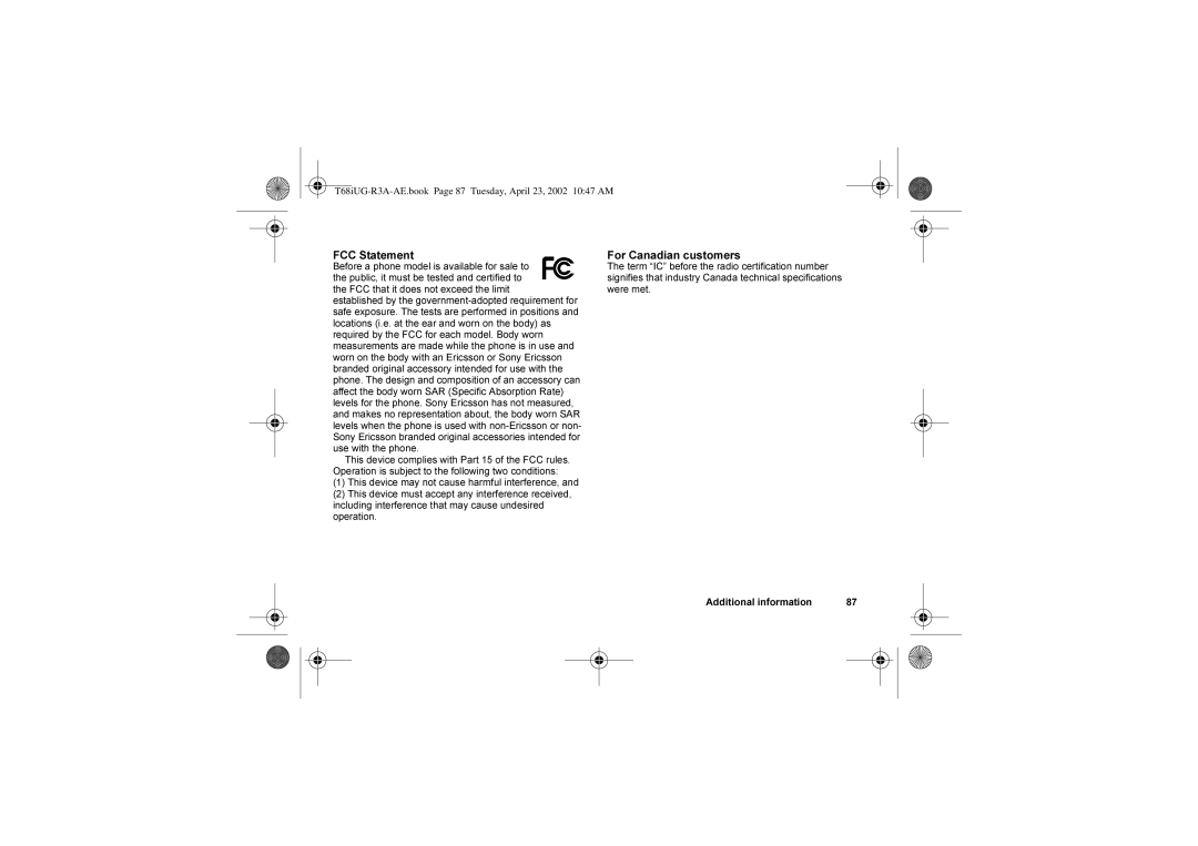 Sony Ericsson T68i warranty FCC Statement, For Canadian customers 