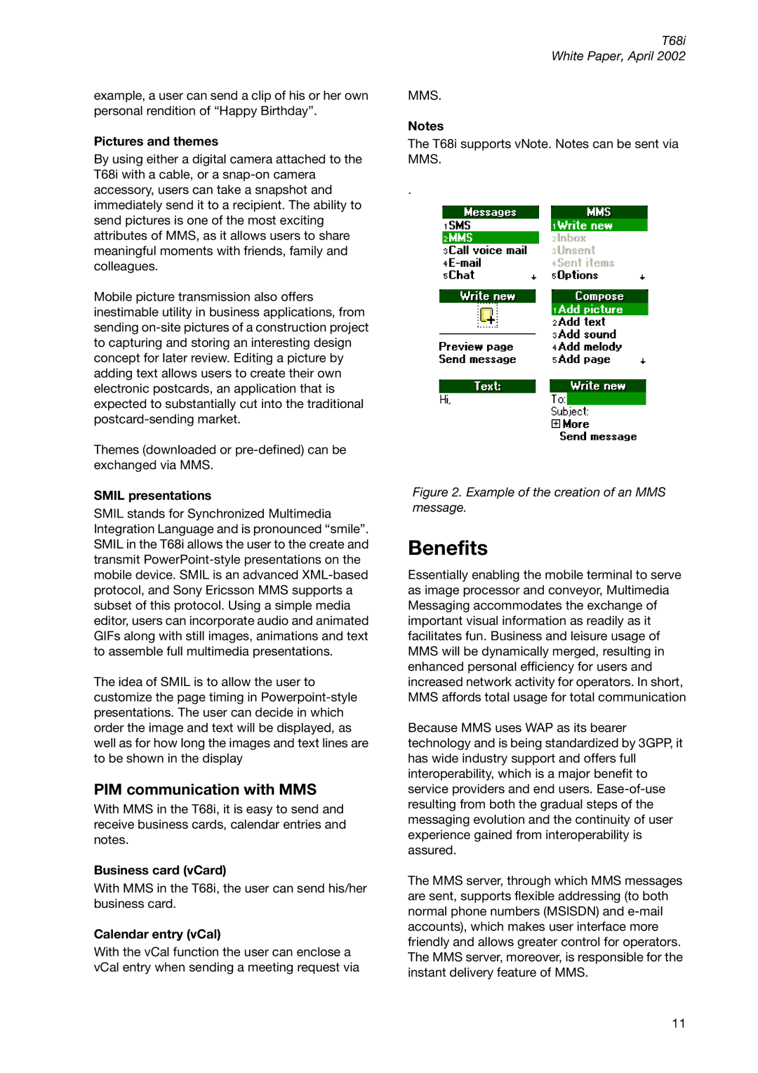 Sony Ericsson T68ie manual Benefits, PIM communication with MMS 