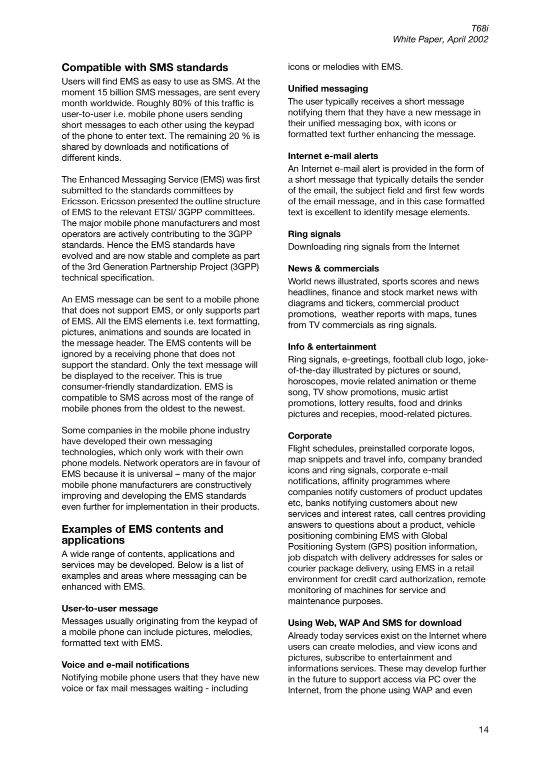 Sony Ericsson T68ie manual Compatible with SMS standards, Examples of EMS contents and applications 