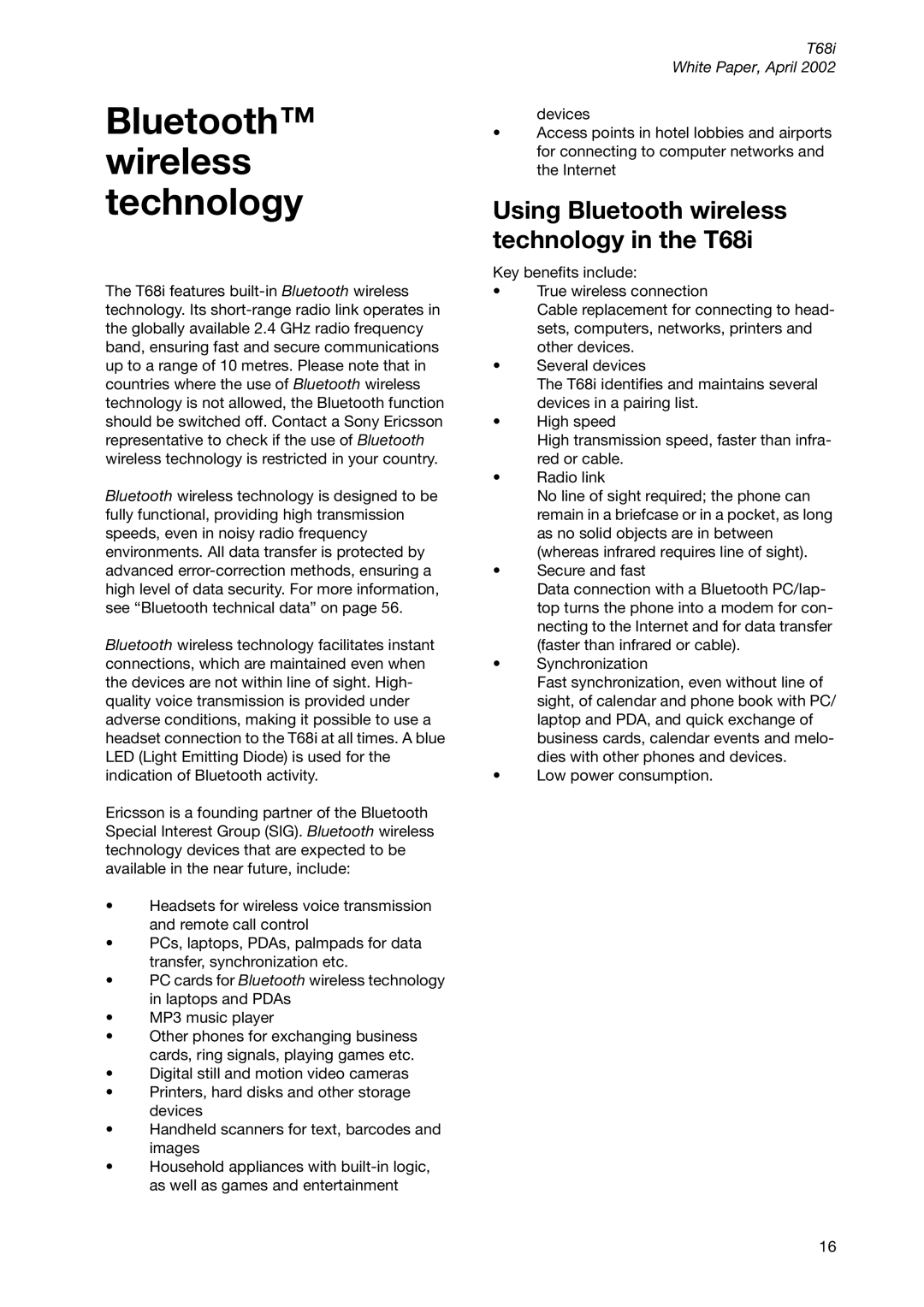 Sony Ericsson T68ie manual Using Bluetooth wireless technology in the T68i 