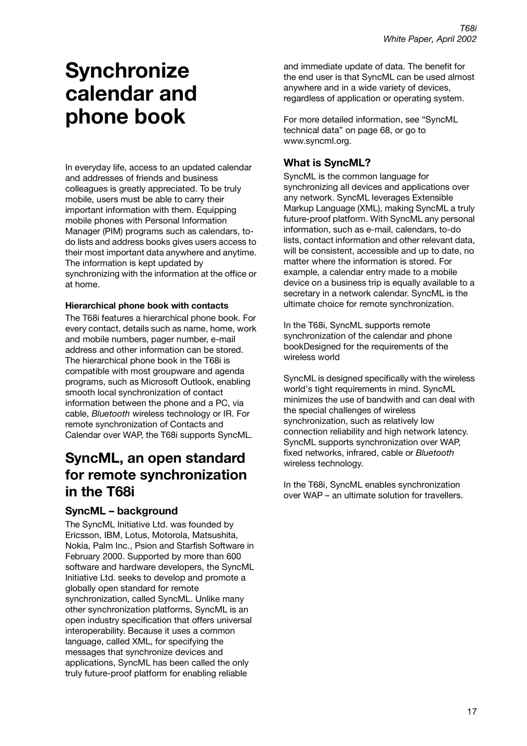 Sony Ericsson T68ie manual Synchronize calendar and phone book, SyncML background, What is SyncML? 