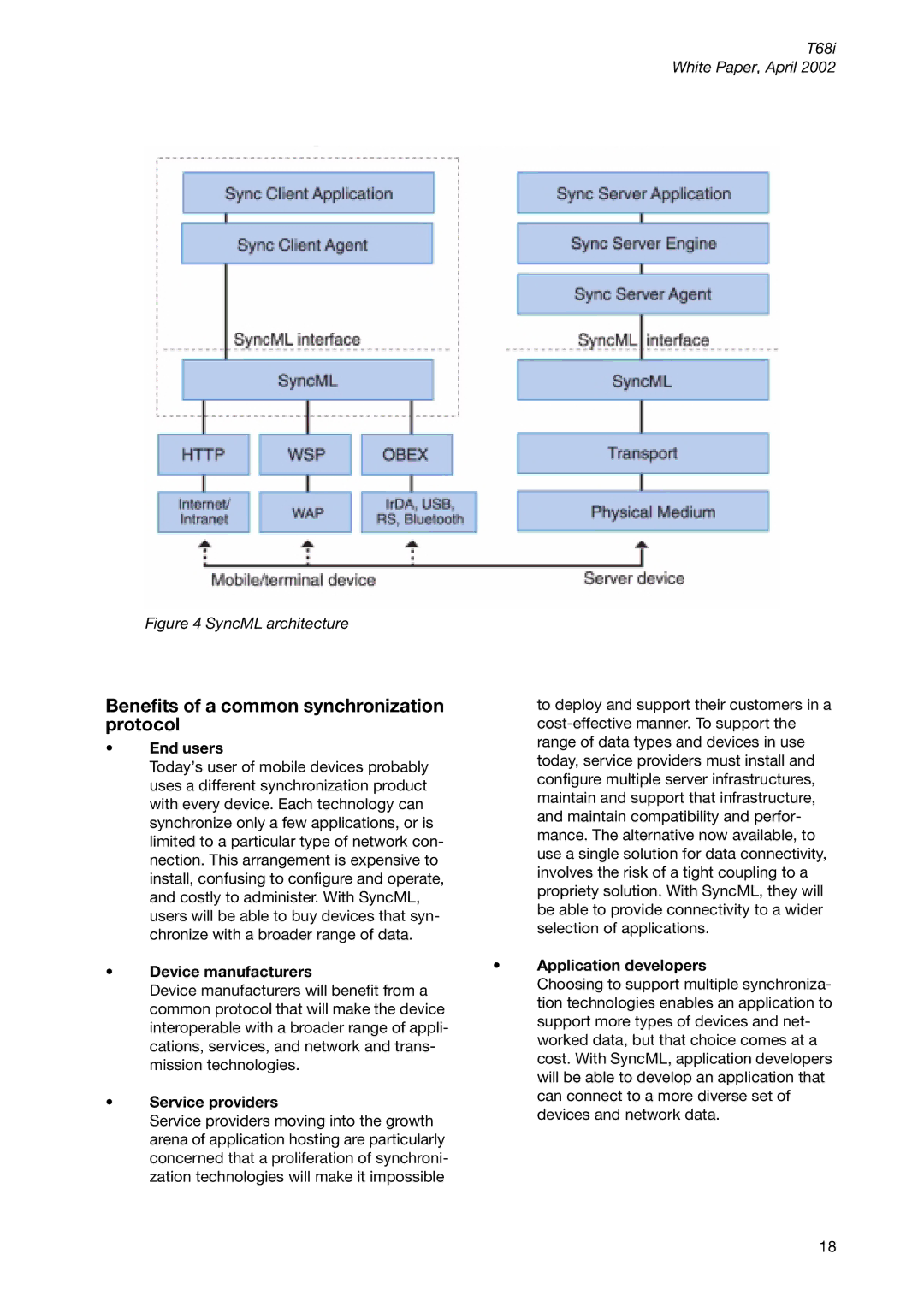 Sony Ericsson T68ie Benefits of a common synchronization, Protocol, End users, Device manufacturers Application developers 