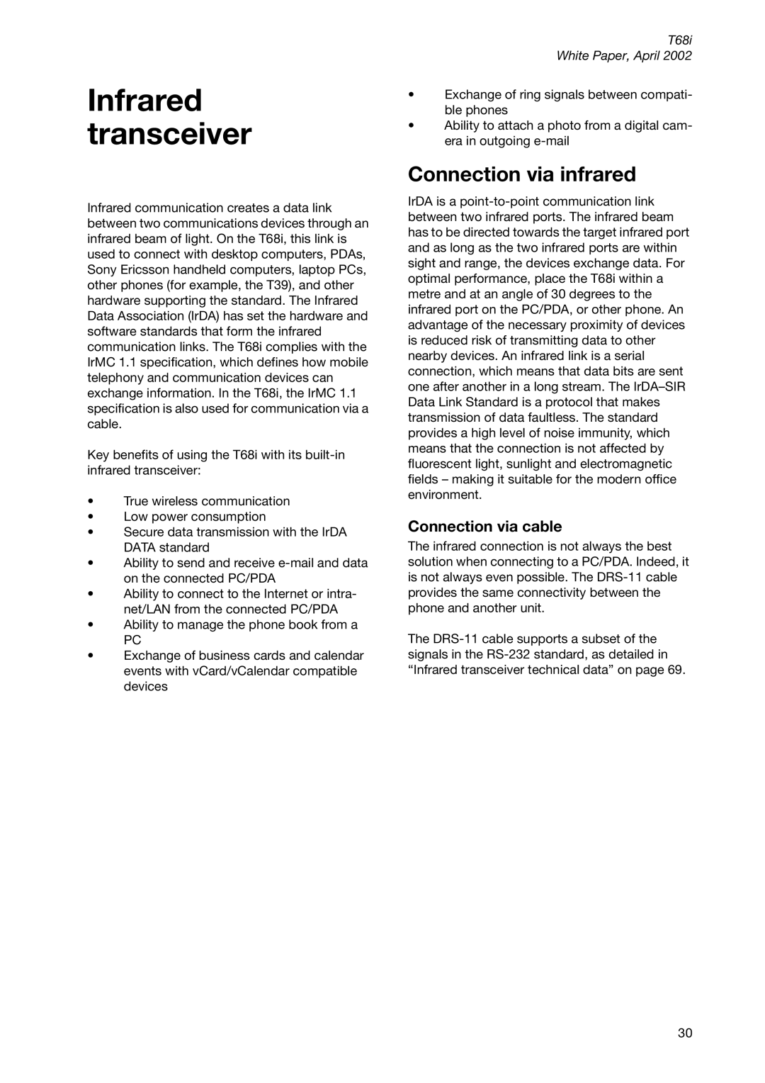 Sony Ericsson T68ie manual Infrared transceiver, Connection via infrared, Connection via cable 