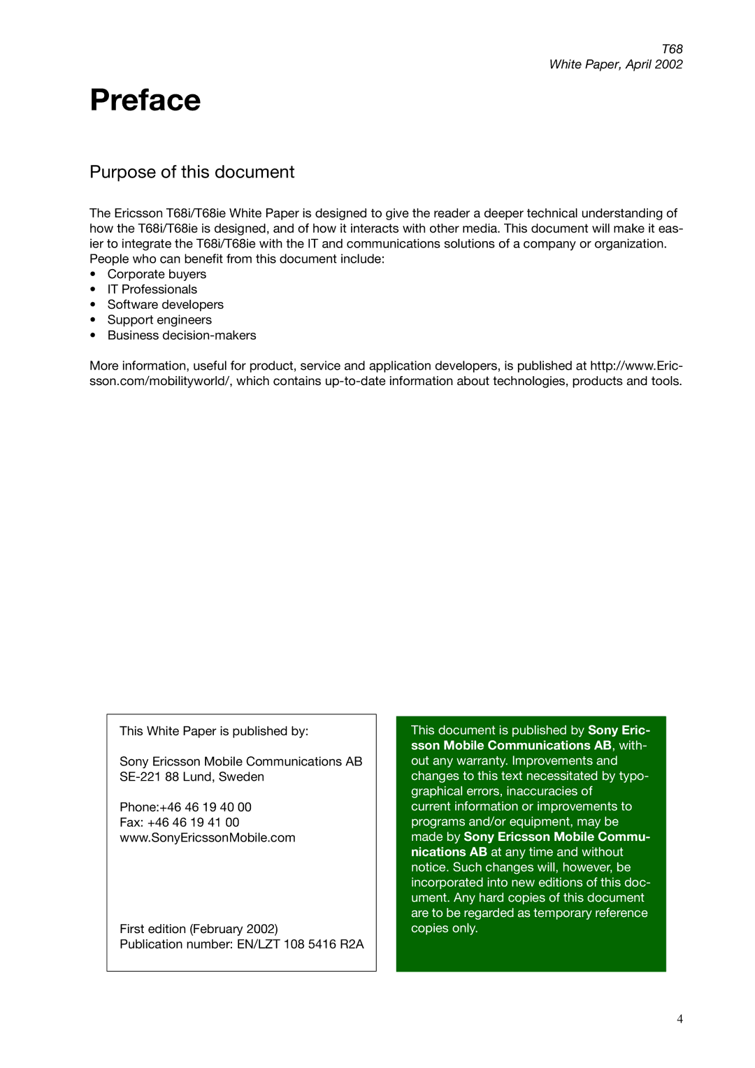 Sony Ericsson T68ie manual Preface, Purpose of this document 