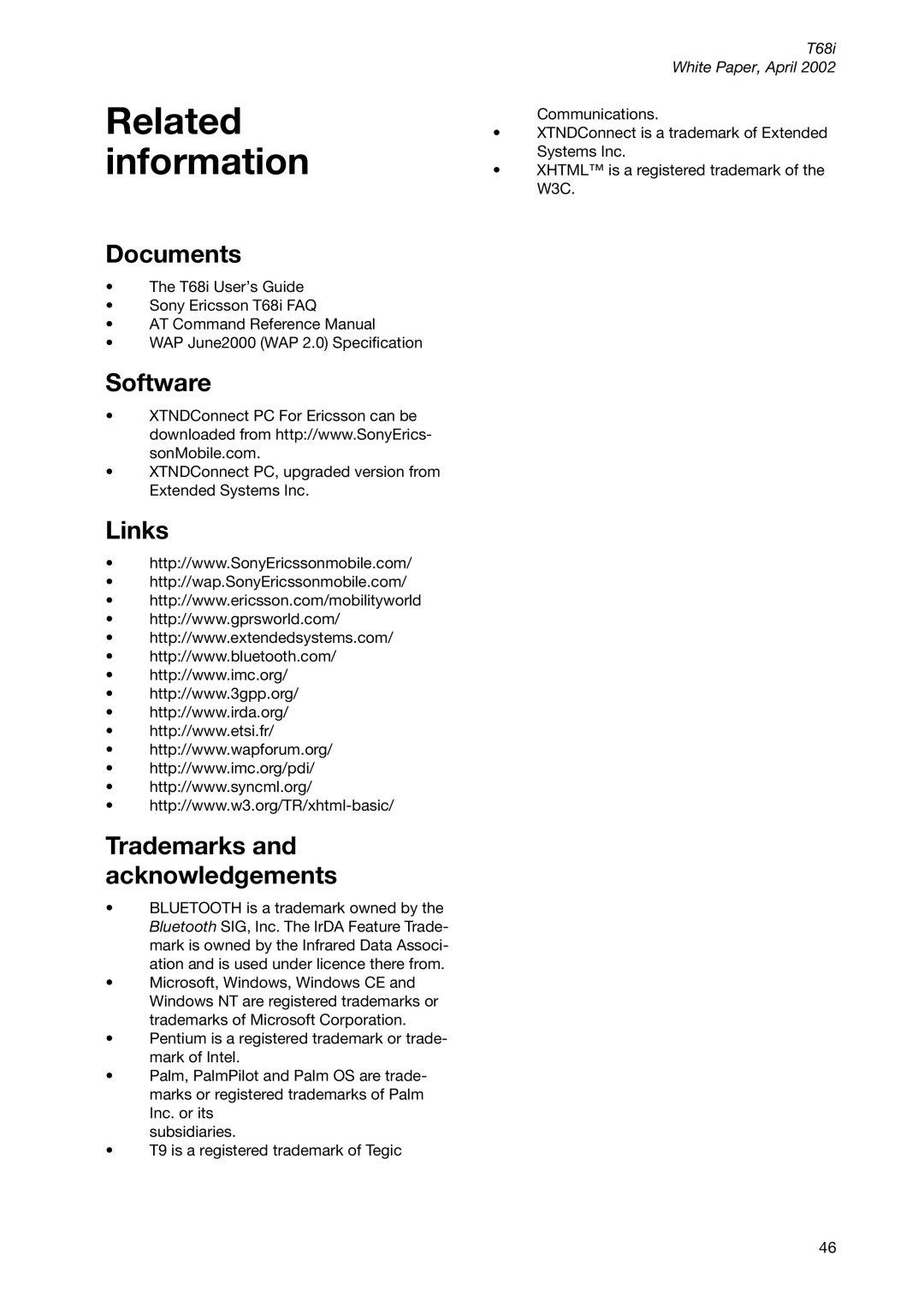 Sony Ericsson T68ie manual Related information, Documents, Software, Links, Trademarks and acknowledgements 