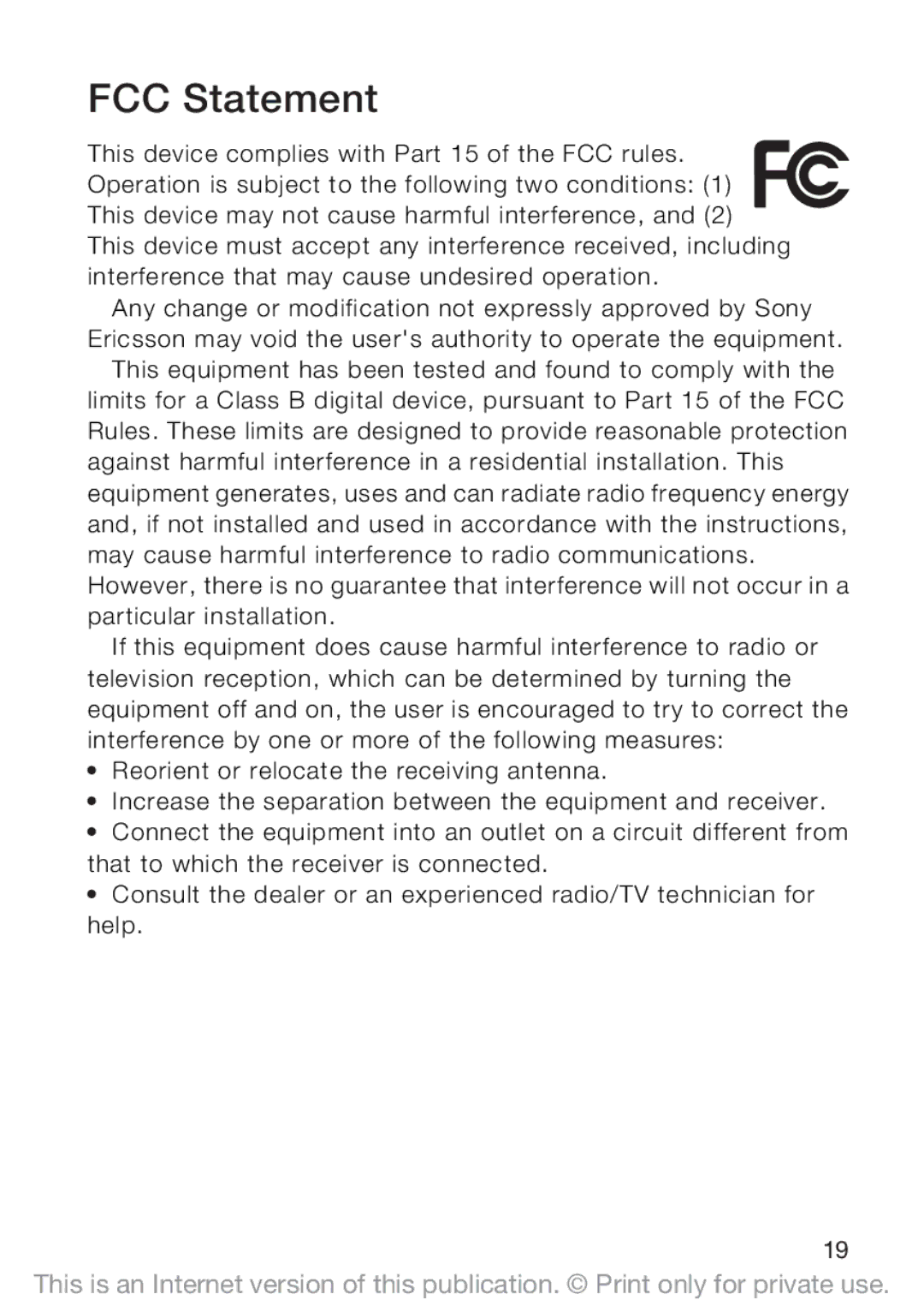 Sony Ericsson U10I manual FCC Statement 