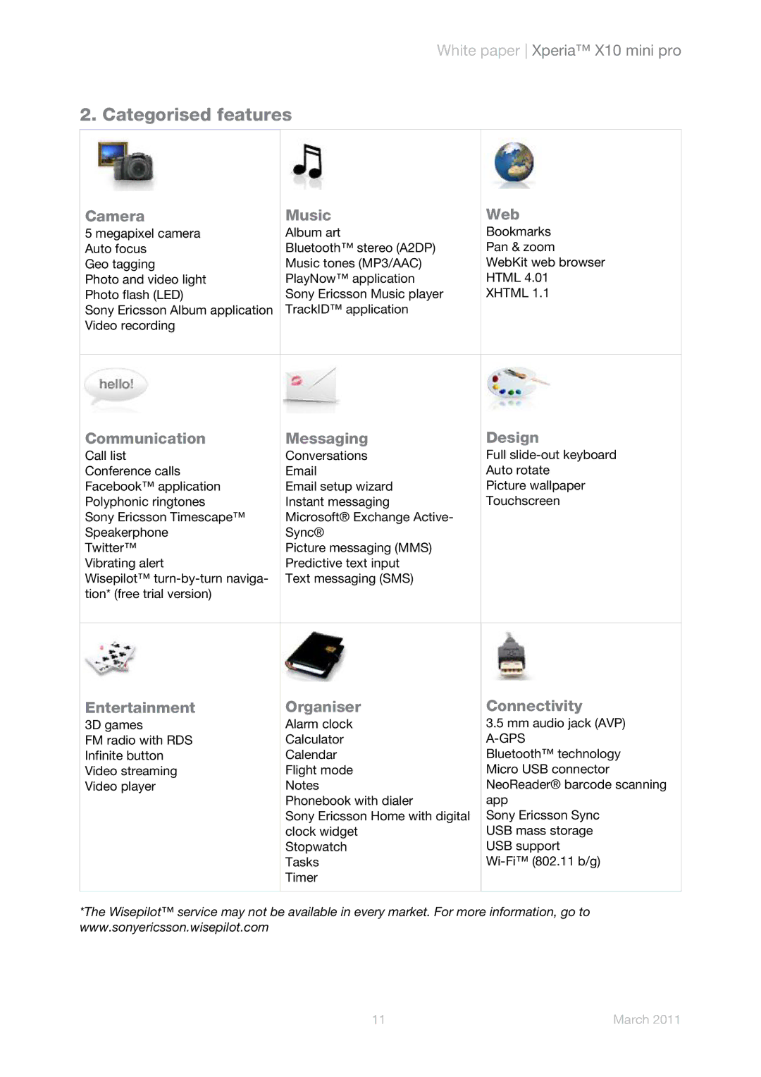 Sony Ericsson U20i, U20a manual Categorised features, Camera Music Web, Communication Messaging Design 