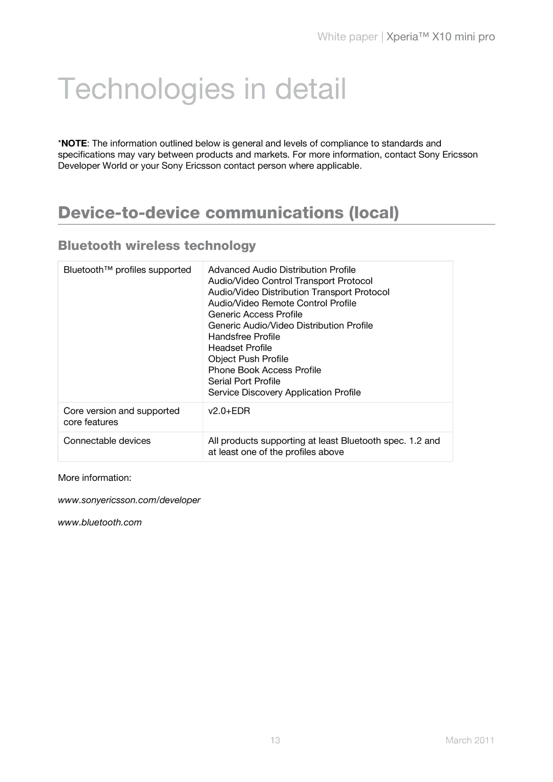 Sony Ericsson U20i, U20a manual Device-to-device communications local, Bluetooth wireless technology 