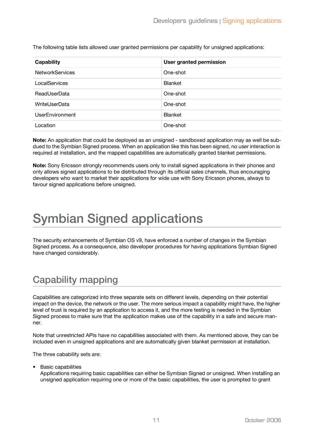 Sony Ericsson UIQ 3 manual Symbian Signed applications, Capability mapping, Capability User granted permission 