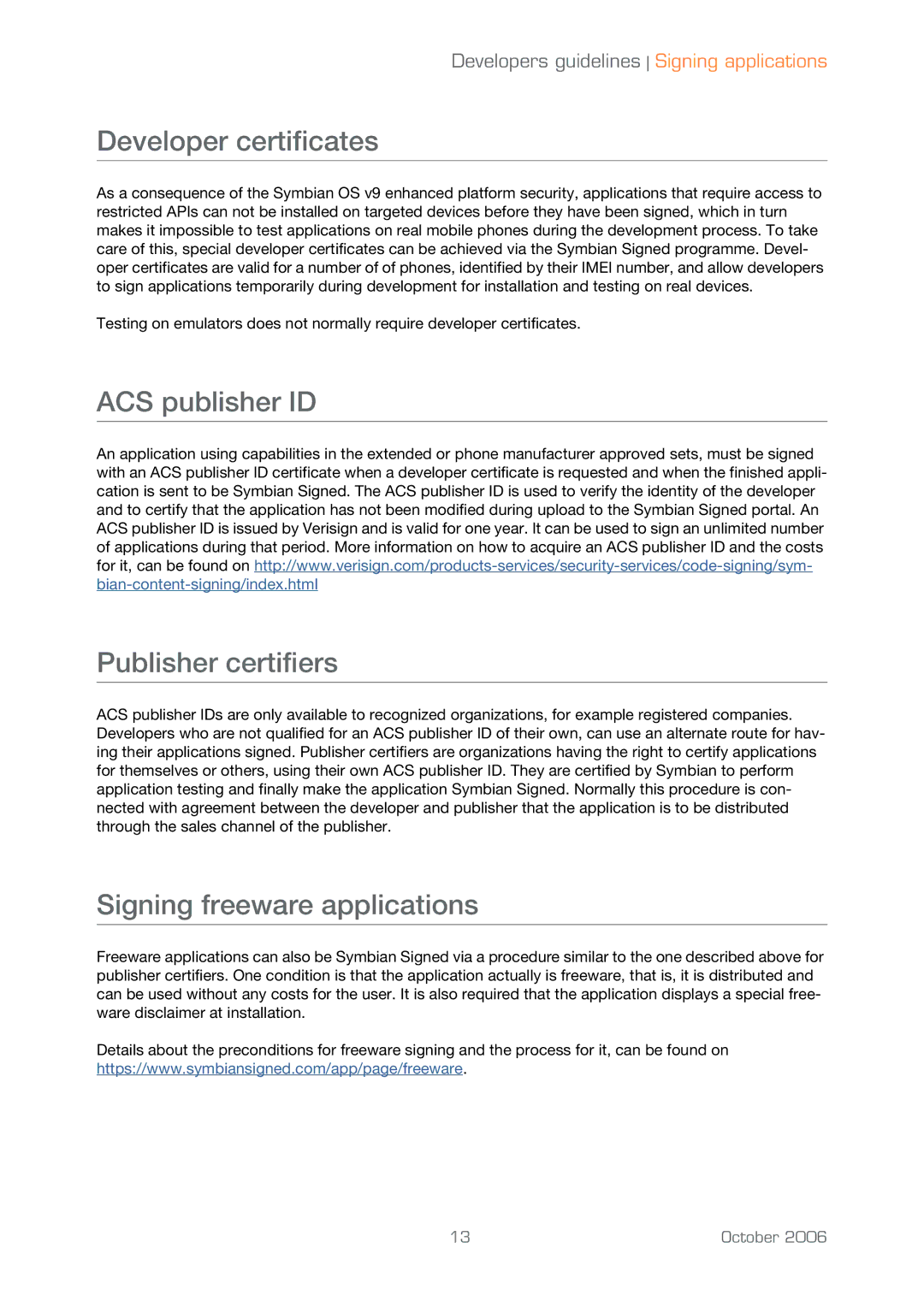 Sony Ericsson UIQ 3 manual Developer certificates, ACS publisher ID Publisher certifiers, Signing freeware applications 